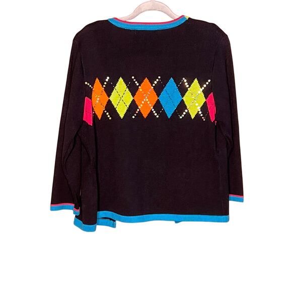 Vintage Jack B Quick Argyle Black Pink Green Blue Cardigan Sweater Medium - Picture 2 of 6